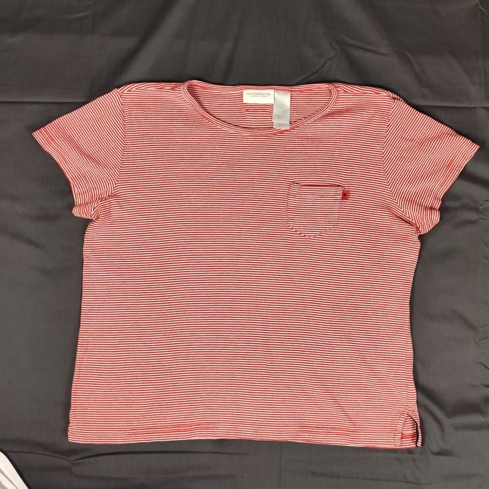 Liz Claiborne Lizwear Jeans Women Red White Micro Striped Cotton Pocket Tee M